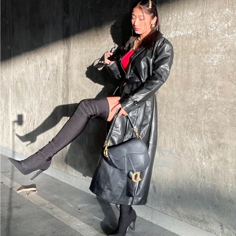 Black long Faux leather jacket